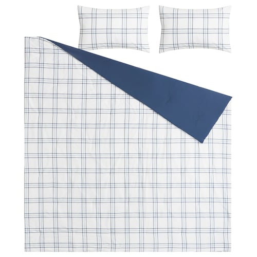 LINSNÄRJA blue chequered comforter set, white & blue, cotton/viscose, rectangular, plaid design.