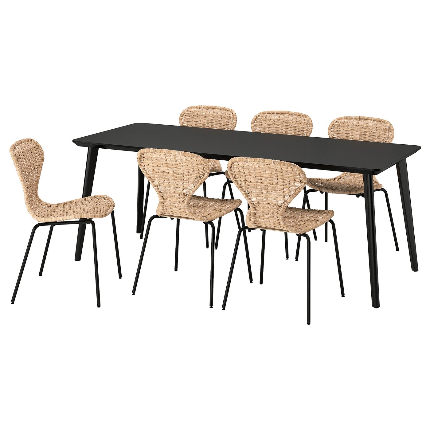 Table And 6 Chairs, Black/Rattan Black