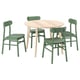 LISABO: green, round dining set with wooden chairs and table.