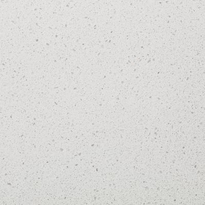 Smooth, speckled glass composite worktop. White base with subtle, tiny grey flecks. Durable, stain-resistant surface.