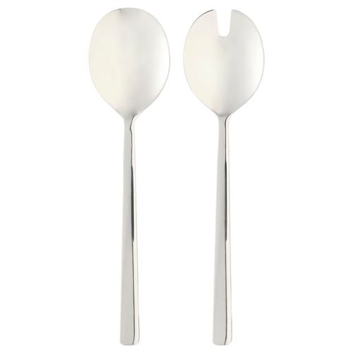 Silver stainless steel spoon and fork with polished handles, standing upright.
