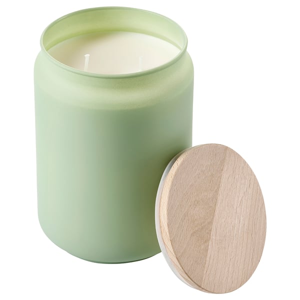 LÖVSKOGSLUND Scented cndl in glass w lid/2 wicks, apple/green, 100 hr