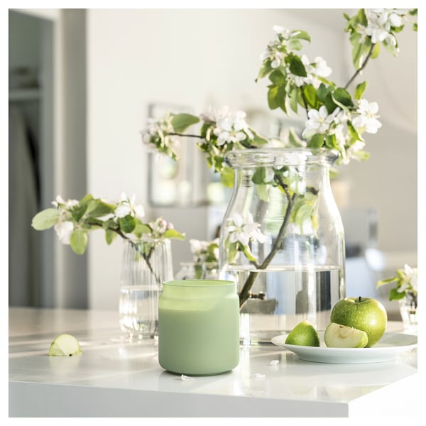 LÖVSKOGSLUND Scented cndl in glass w lid/2 wicks, apple/green, 70 hr