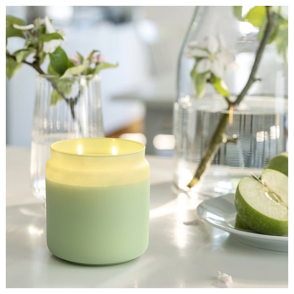 LÖVSKOGSLUND Scented cndl in glass w lid/2 wicks, apple/green, 70 hr