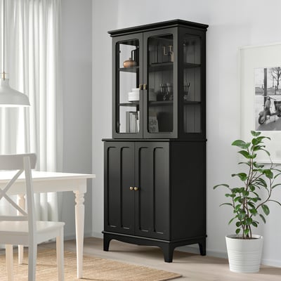 LOMMARP Cabinet with glass doors, black, 33 7/8x78 3/8 "