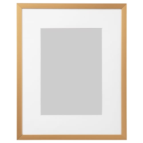 Gold LOMVIKEN picture frame with white mat, rectangular, metal edge.