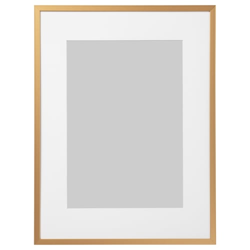 Gold rectangular picture frame with thin metal edges and plastic front, suitable for various photos.