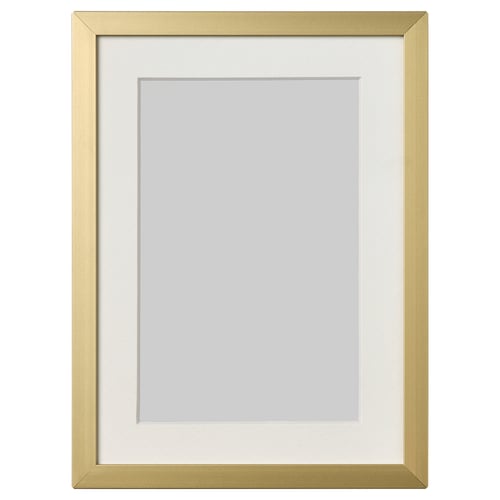 Gold LOMVIKEN picture frame with white mat, metal edge, safely holds 11x14 photo.