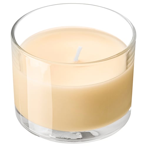 LOTSFÅGEL Scented candle in glass, Peach light orange, 20 hr