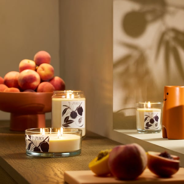 LOTSFÅGEL Scented candle in glass with lid, Peach light orange, 40 hr