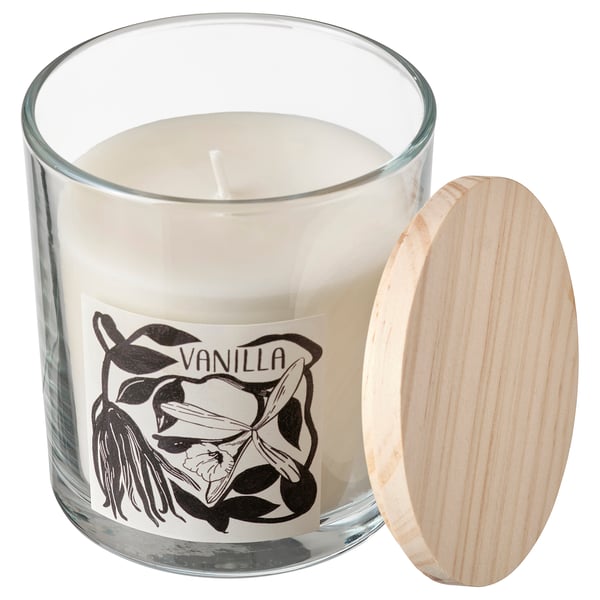 LOTSFÅGEL Scented candle in glass with lid, Vanilla pale beige, 40 hr