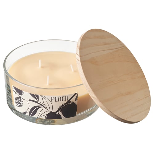 LOTSFÅGEL Scented cndl in glass w lid/3 wicks, Peach light orange, 25 hr