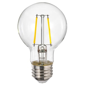 Clear globe-shaped lamp with yellow filaments.
