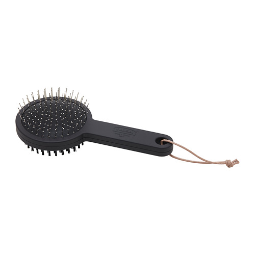 Black dual-sided pet brush with handle and hanging loop. Easy grip, mixed bristle brush for grooming cats and dogs.
