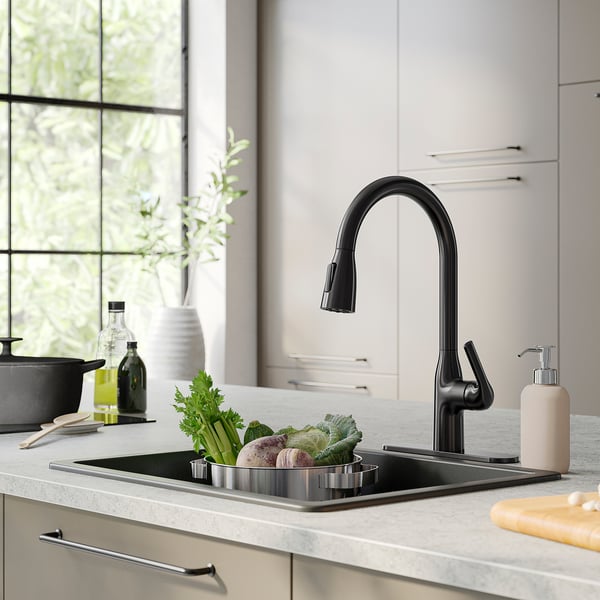 MACKSJÖN Pull down kitchen faucet with spray, black