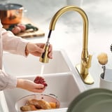 MACKSJÖN Pull down kitchen faucet with spray, brass color