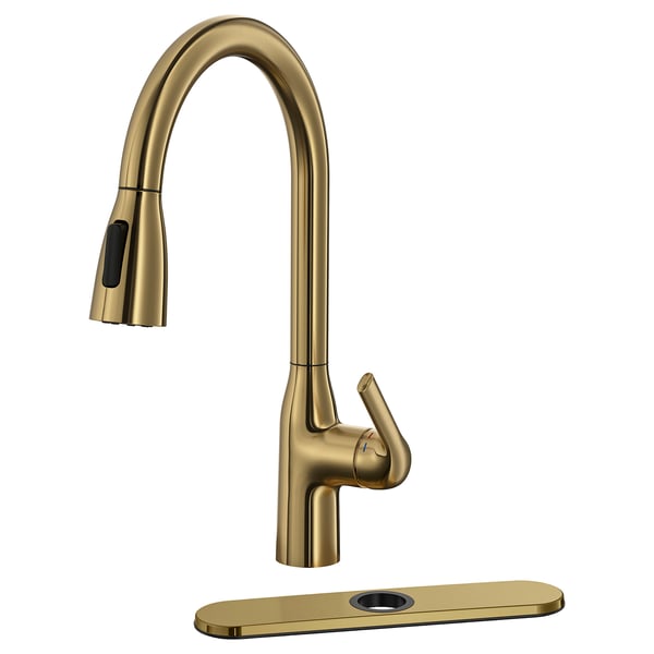MACKSJÖN Pull down kitchen faucet with spray, brass color