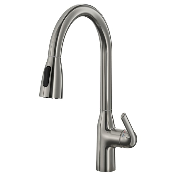 MACKSJÖN chrome kitchen tap with curved spout and pull-down sprayer.