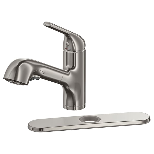 Stainless steel kitchen tap with pull-out sprayer, single handle for flow & temp control.