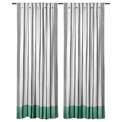 MÄVINN Curtains, 1 pair, black/white/stripe green, 43x98 "