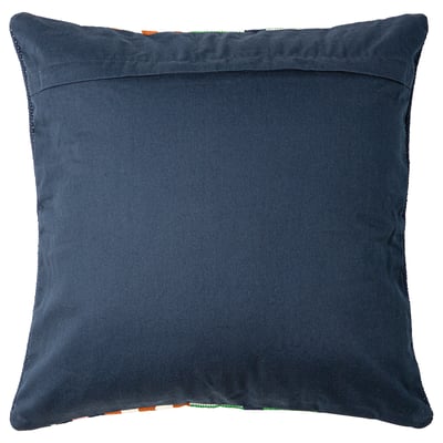 Square dark blue MÄVINN cushion, handwoven cotton with stripes, zip closure.