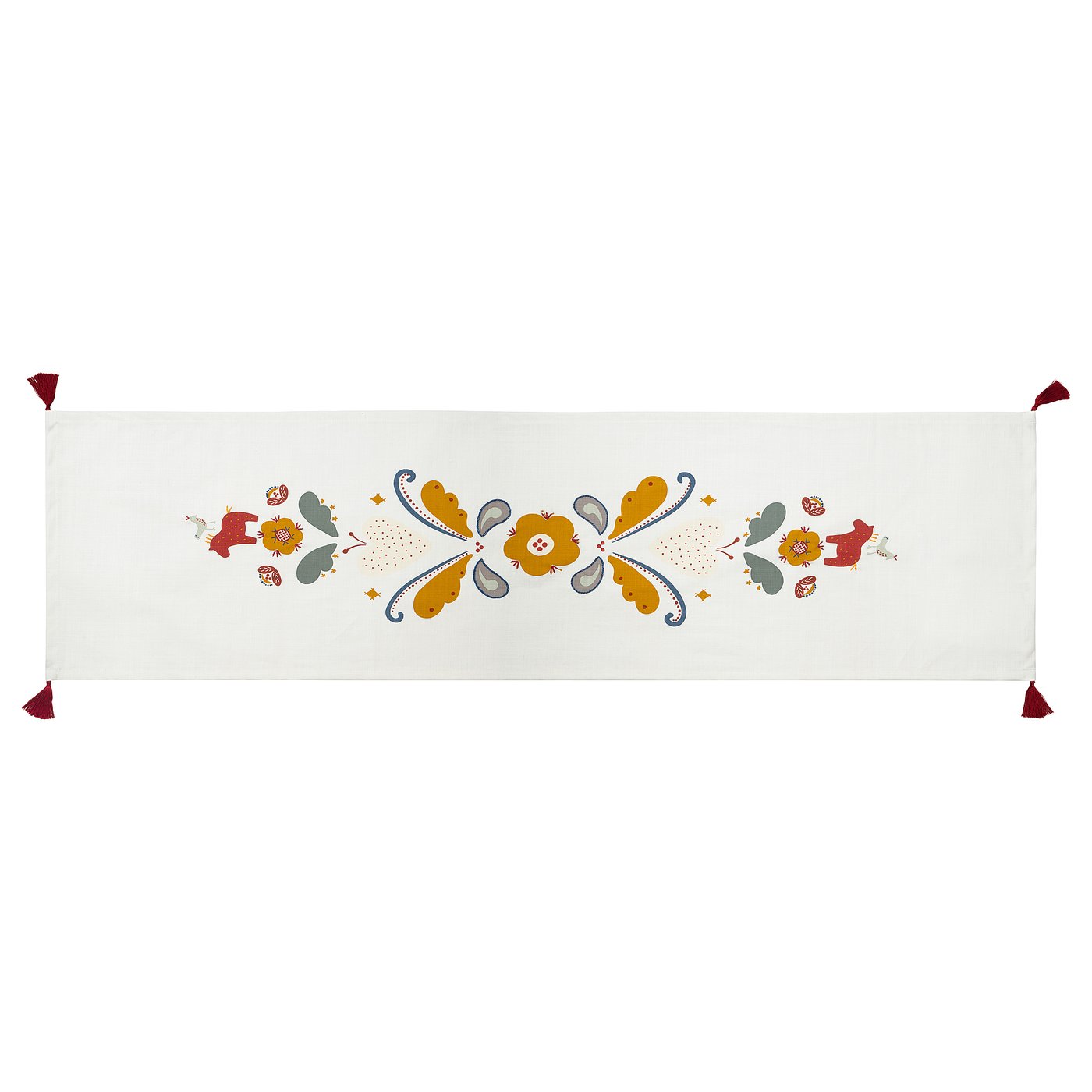 MÄVINN table runner, white red/tassel, 14x51