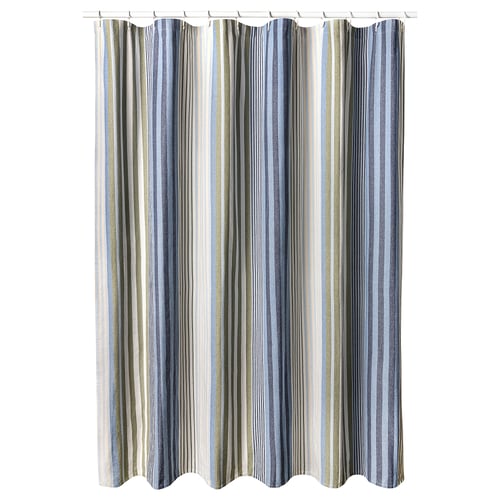 A MAIHUENIA shower curtain with soft blue and white stripes. Made of 100% cotton, its rectangular with a striped design.