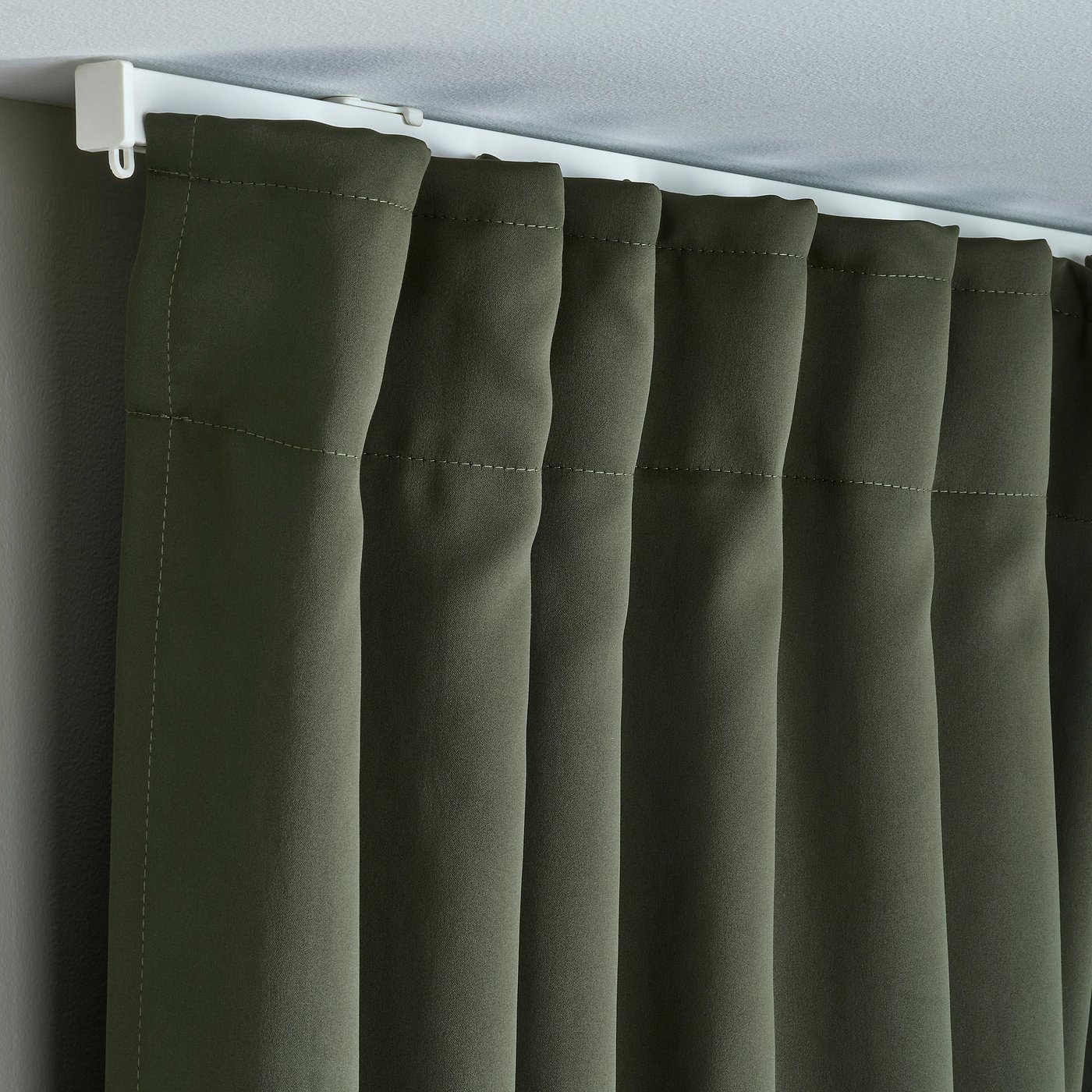 MAJGULL black-out curtains, 1 pair, dark green/with heading