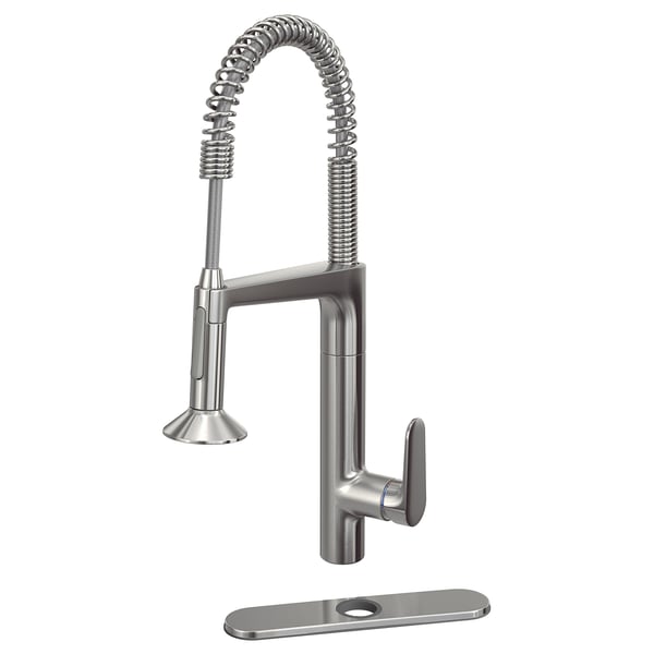 MAJSJÖN, stainless steel kitchen tap, sleek modern design, with flexible coil spout.