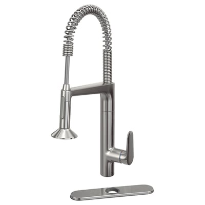 MAJSJÖN, stainless steel kitchen tap, sleek modern design, with flexible coil spout.