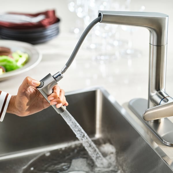 MAJSJÖN Pull out kitchen faucet with spray, stainless steel color