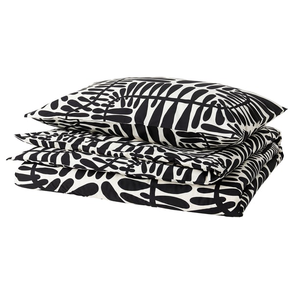MAJSMOTT Duvet cover and pillowcase(s), off-white/black, Twin