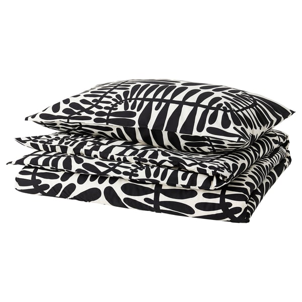 MAJSMOTT Duvet cover and pillowcase(s), off-white/black, Twin - IKEA