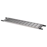 A stainless steel ventilated shelf, MAKRILLA, with plastic ends, designed for cabinets.