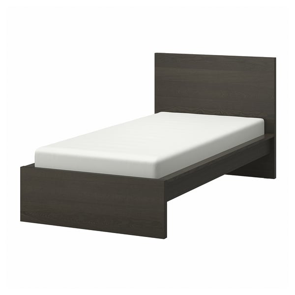 Modern single bed, black-brown, clean lines, minimalist headboard.