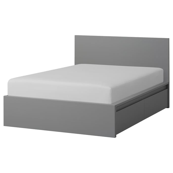 MALM High bed frame/4 storage boxes, gray stained, Luröy, King IKEA