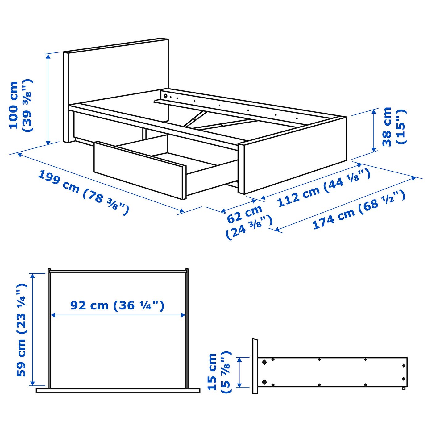 MALM high bed frame/2 storage boxes, dark brown veneer/Luröy