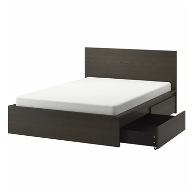 MALM High bed frame/2 storage boxes, dark brown veneer, King
