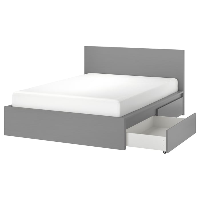 MALM high bed frame/2 storage boxes, gray stained/Lönset, Full IKEA