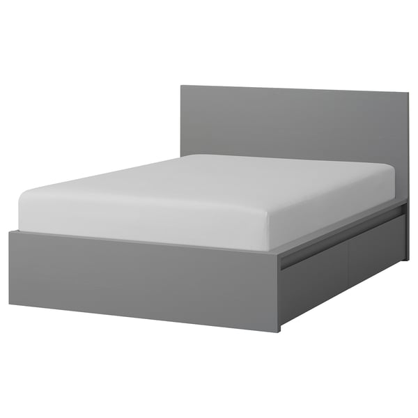 MALM High bed frame/2 storage boxes, gray stained, Full IKEA