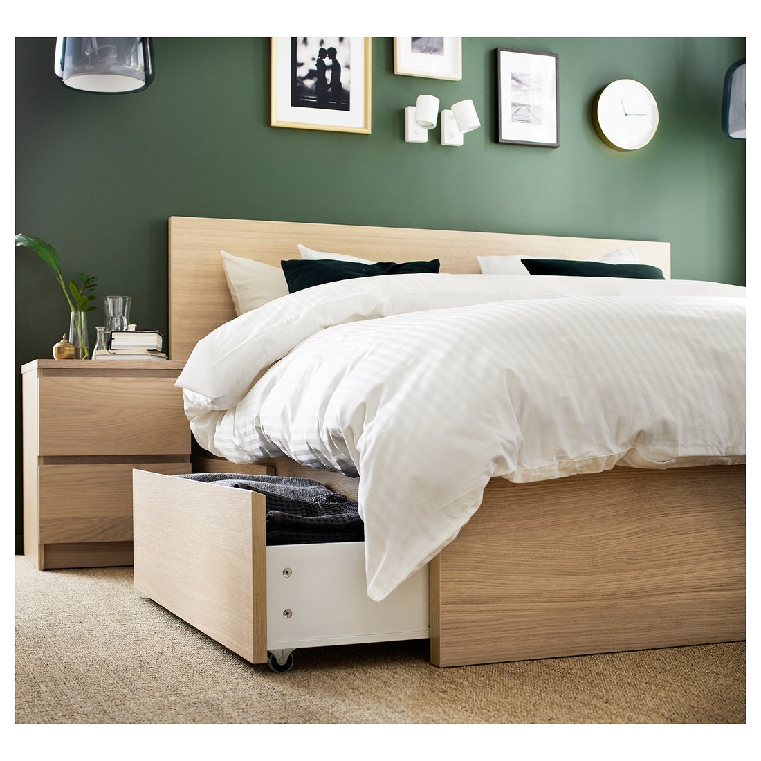 MALM High bed frame/2 storage boxes, white stained oak veneer, Queen IKEA