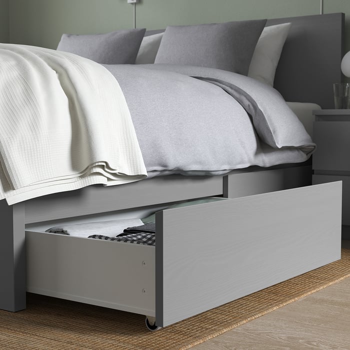 MALM high bed frame/4 storage boxes, gray stained/Lönset, King IKEA