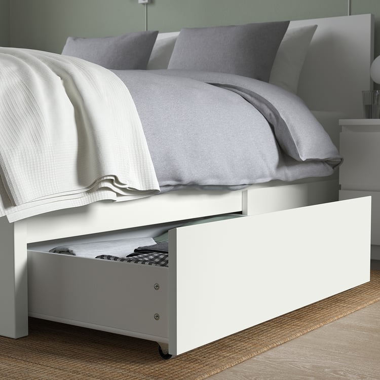 MALM high bed frame/4 storage boxes, white, Full IKEA