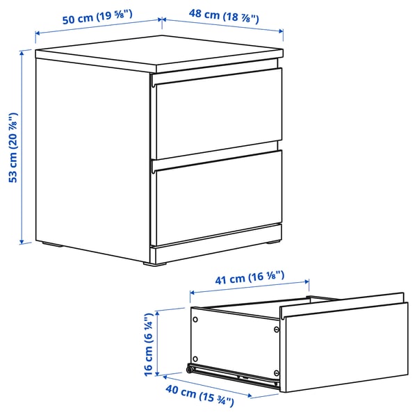Illustration with measurements for the product: MALM.