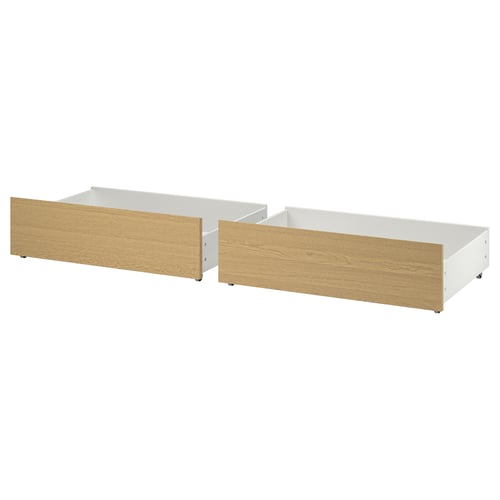 Two white and light wood MALM under-bed storage boxes with open fronts.