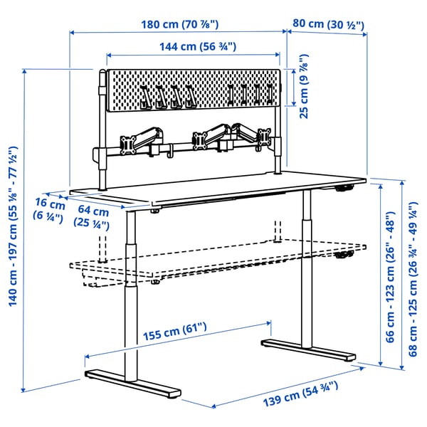 MÅLOMRÅDE Gaming desk sit/stand, with monitor arms/electric black, 70 7/8x31 1/2 "