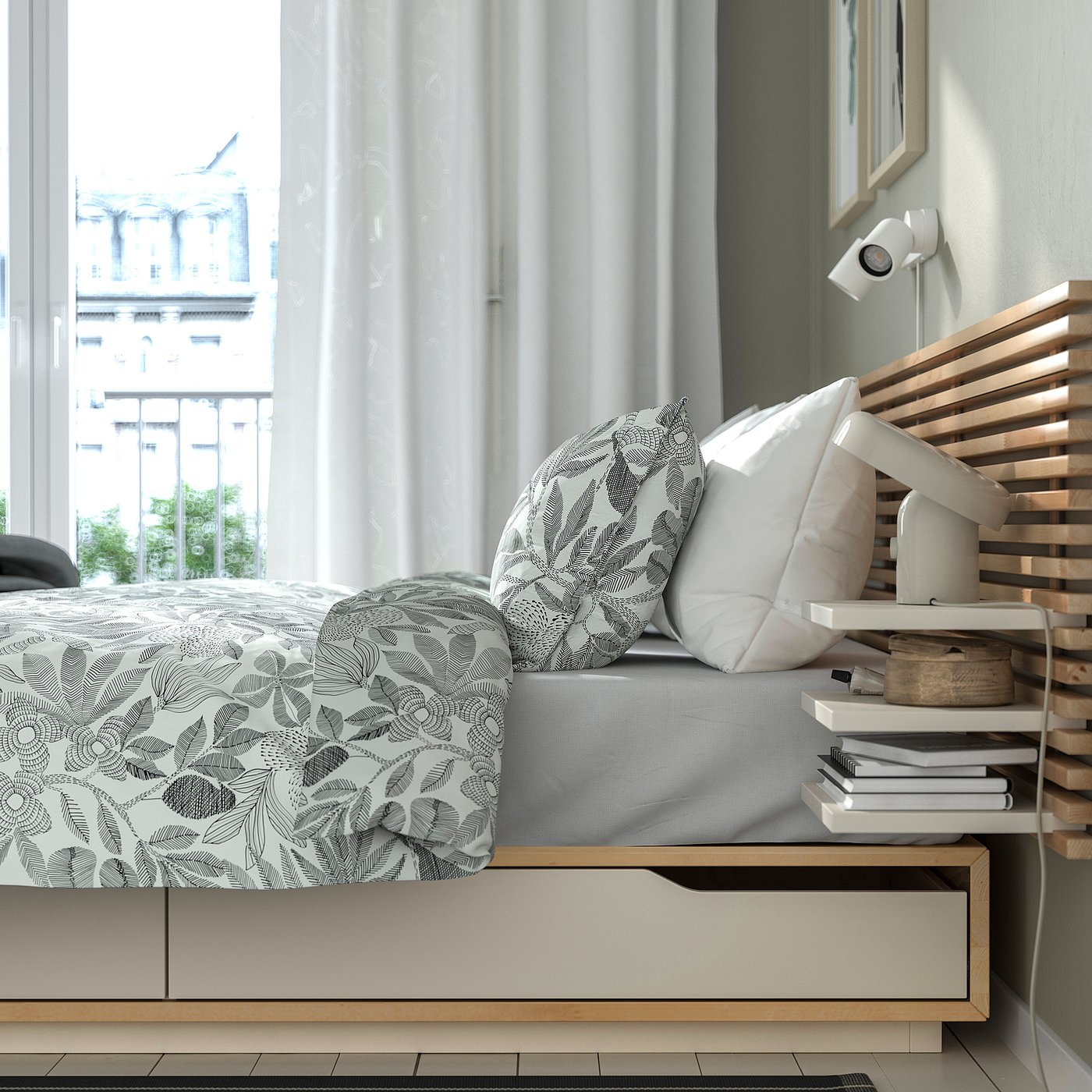 MANDAL bed frame with headboard, birch/white, 551/8x783/4