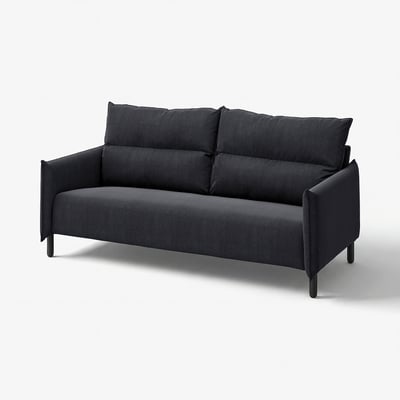 Black modern sofa named MANNARP, featuring high backrest, soft cushions, and sleek steel legs for a minimalist look.