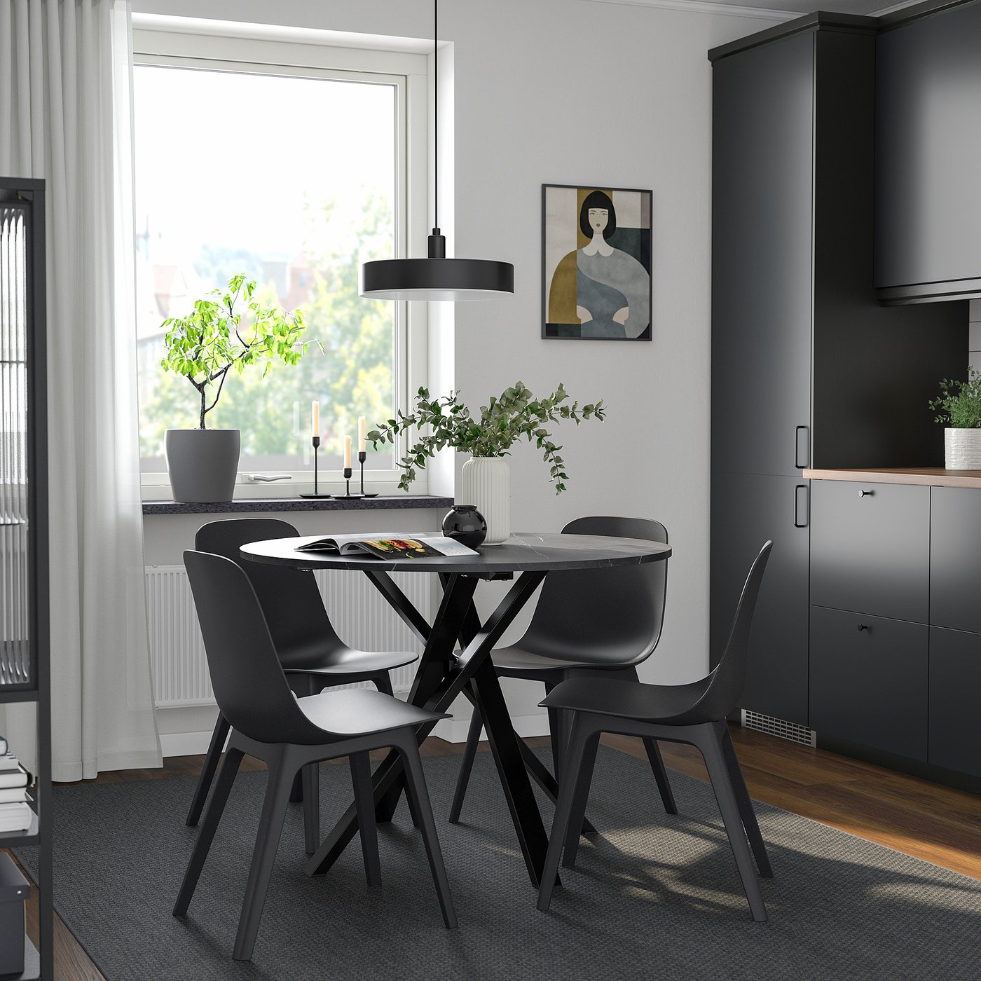 MARIEDAMM / ODGER table and 4 chairs, black marble effect