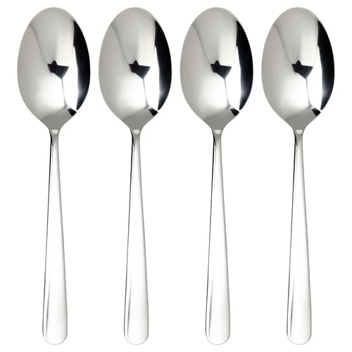Four polished, stainless steel spoons; sleek design, aligned neatly.